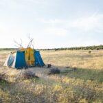 Glamping site at sunrise