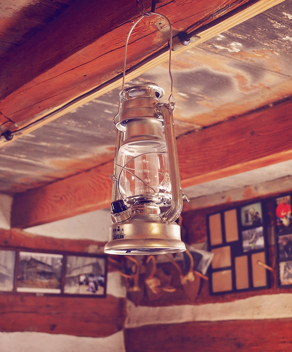 gray steel gas lantern hanged on ceiling