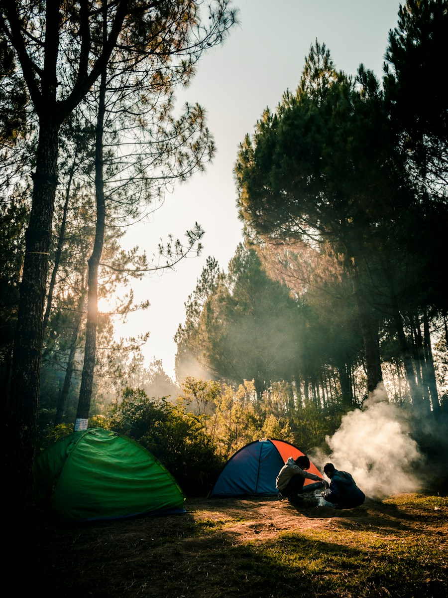 two persons sitting near two camping tents in the woods